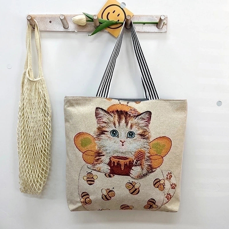 Unisex Vintage Style Cat Flower Canvas Shopping Bags
