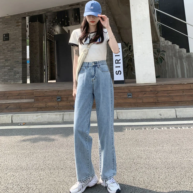 Jeans Women High Waist Wide Leg Vintage Korean Harajuku Style All-match Denim Clothing Chic Leisure Pockets Zipper Simple Solid