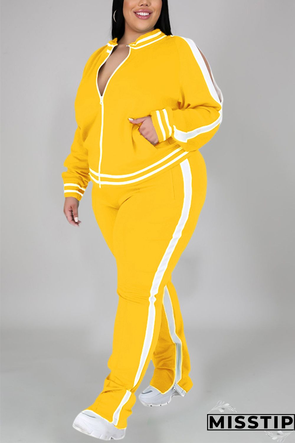 Black Fashion Casual Sportswear Zipper Collar Long Sleeve Regular Sleeve Patchwork Plus Size Set