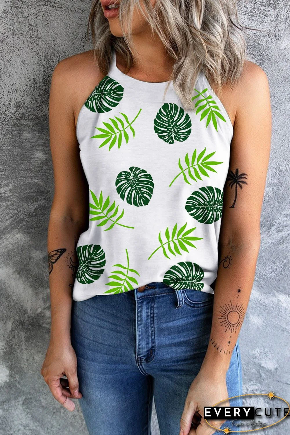 White Palm Leave Graphic Print Slim Fit Halter Tank Top