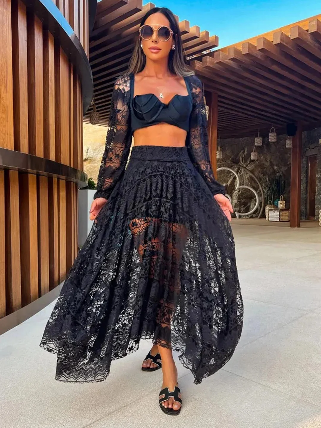 Huiketi Black Lace Skirt Two Piece Set Long Sleeve V-neck Super Short Top High Waist See Through Skirt Suit Summer Beach Style Set