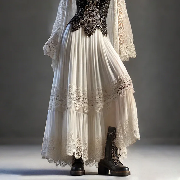 Vintage Lace Patchwork Irregular Hem Maxi Skirt