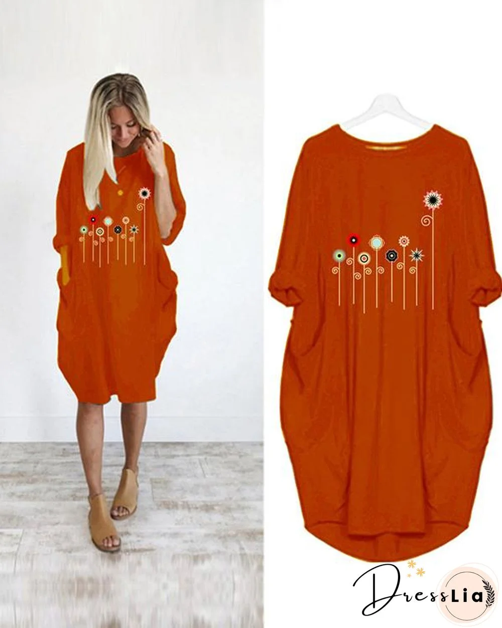 Flower Printed Casual Plus Size Midi Dress