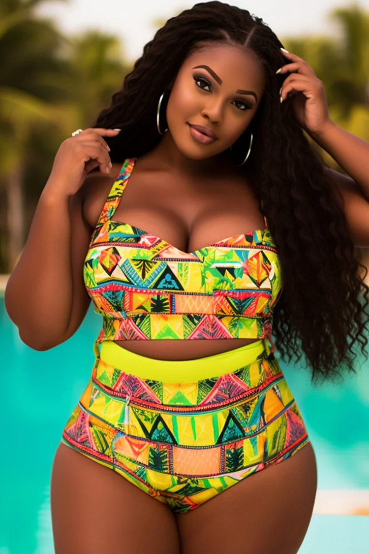 Xpluswear Design Plus Size Beach Lime Green Graphic V Neck Swimsuit Fabric Two Pieces Swimsuit [Pre-Order] 2024 - Xpluswear