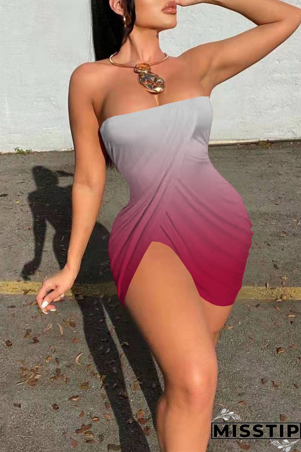 Colorful Blue Sexy Print Backless Asymmetrical Strapless Sleeveless Dress
