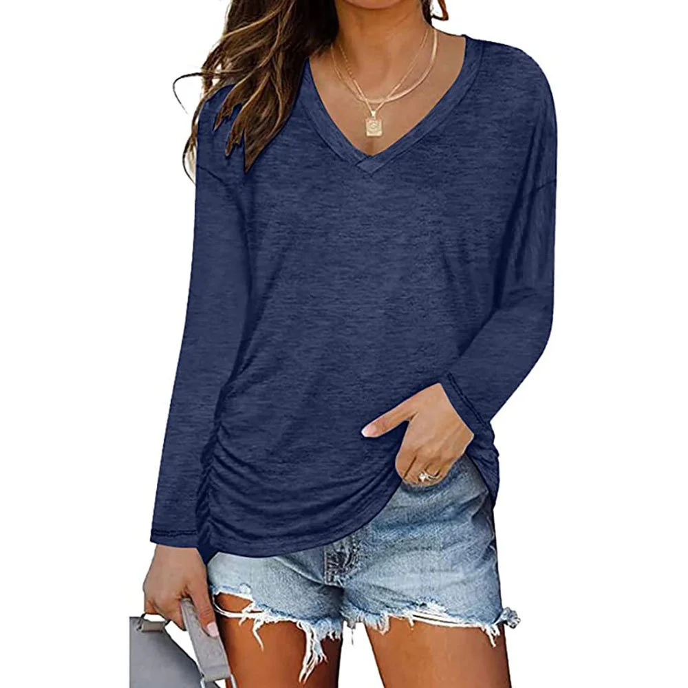 Churchf Churchf New 2023 Autumn / Winter 2023 Women's V-Neck Pleated Long Sleeve T-Shirt Solid Color Loose Casual Top