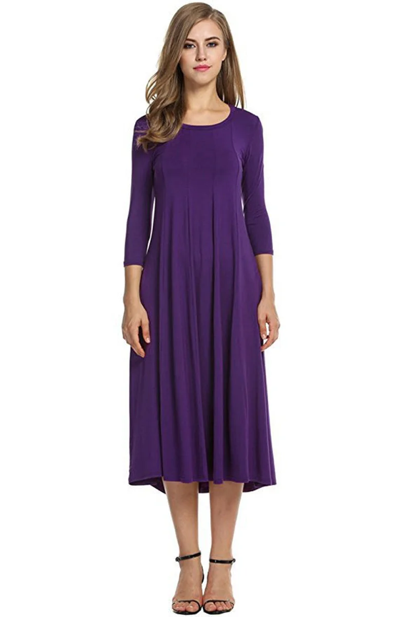 Uveng Women Round Neck Shirt Half Sleeve Solid Long Skirt Color Wide Hem Dress