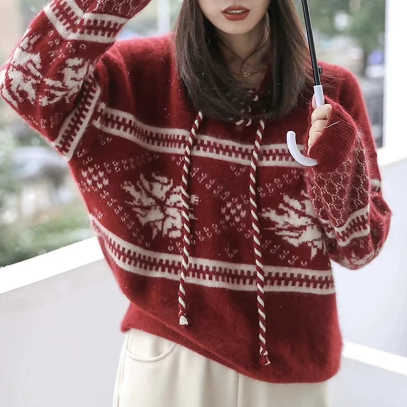 Churchf Churchf Christmas Red Sweater Female Autumn / Winter 2024 New Lazy Wind Wide Soft Waxy Knit Hoodie Top