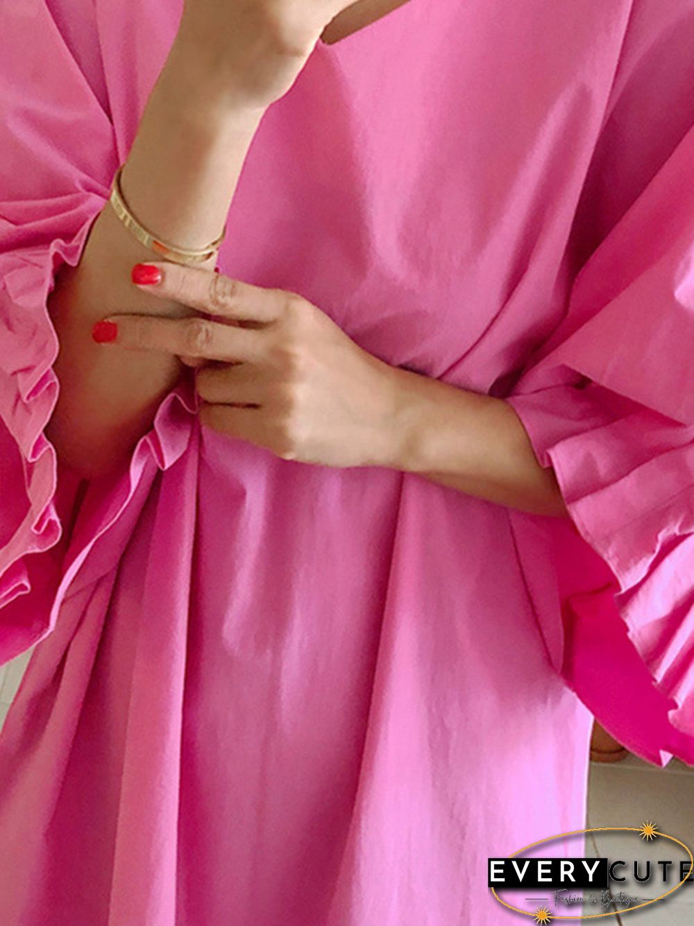 Causal Plus Size Pleated Raglan Sleeve V-Neck Midi Dress