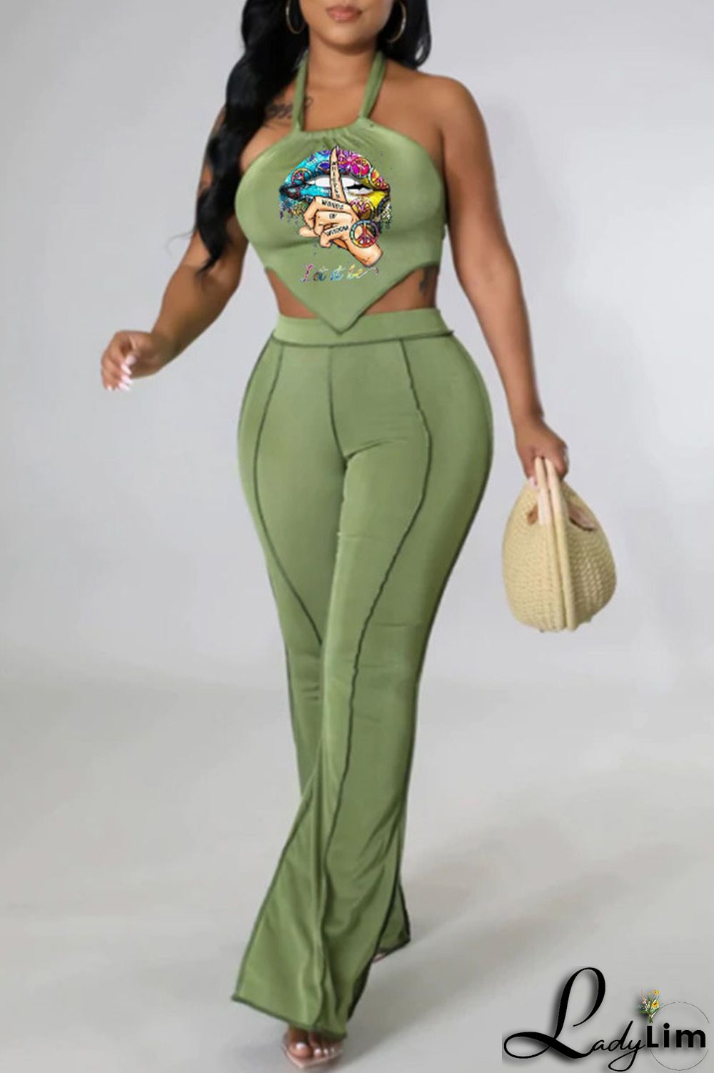 Orange Sexy Lips Printed Backless Asymmetrical Halter Sleeveless Two Pieces