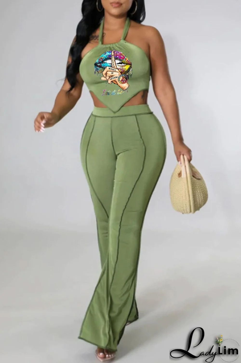 Orange Sexy Lips Printed Backless Asymmetrical Halter Sleeveless Two Pieces