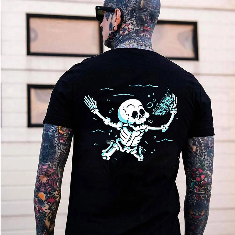 Dancing Funny Skull with Money Black Print T-Shirt