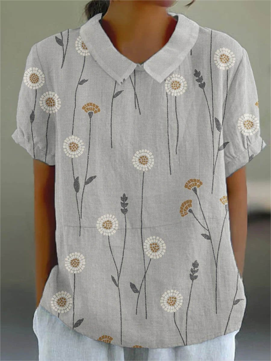 Women's Flower And Leaf Art Pattern Print Casual Cotton And Linen Shirt