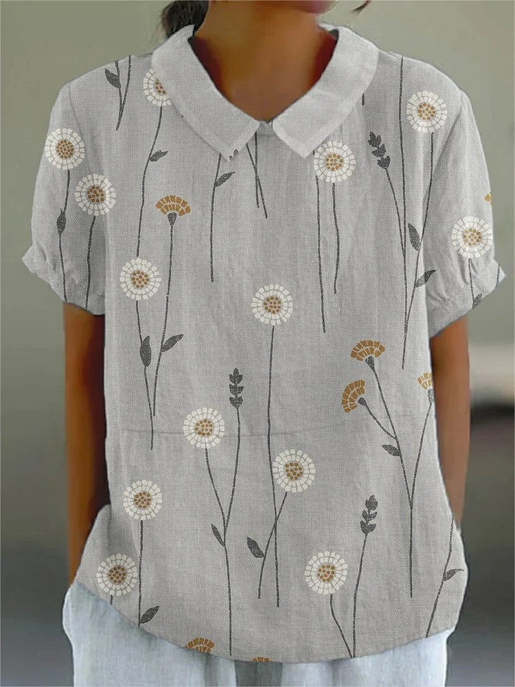 Women's Flower And Leaf Art Pattern Print Casual Cotton And Linen Shirt