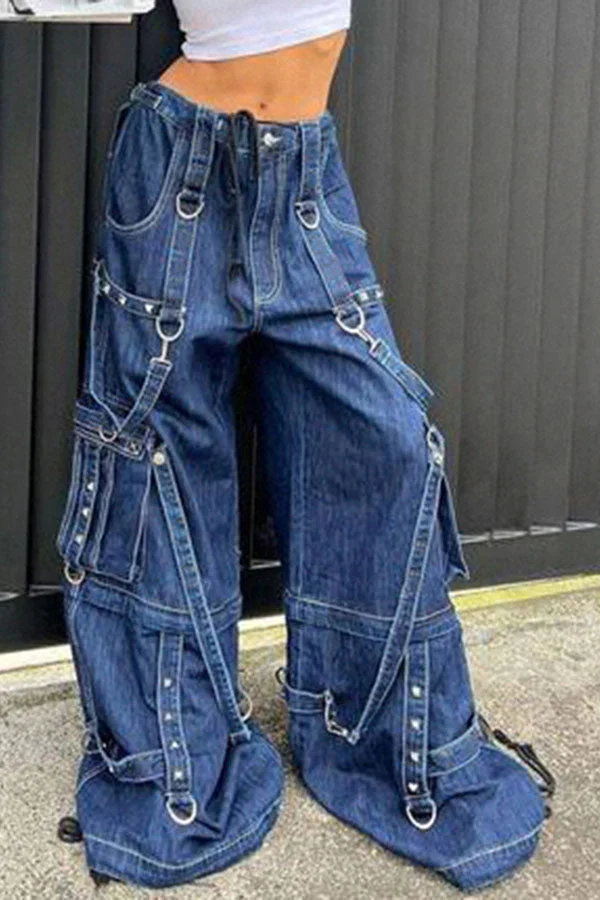 Solid Color Hippy Pocket Ribbons Design Jeans