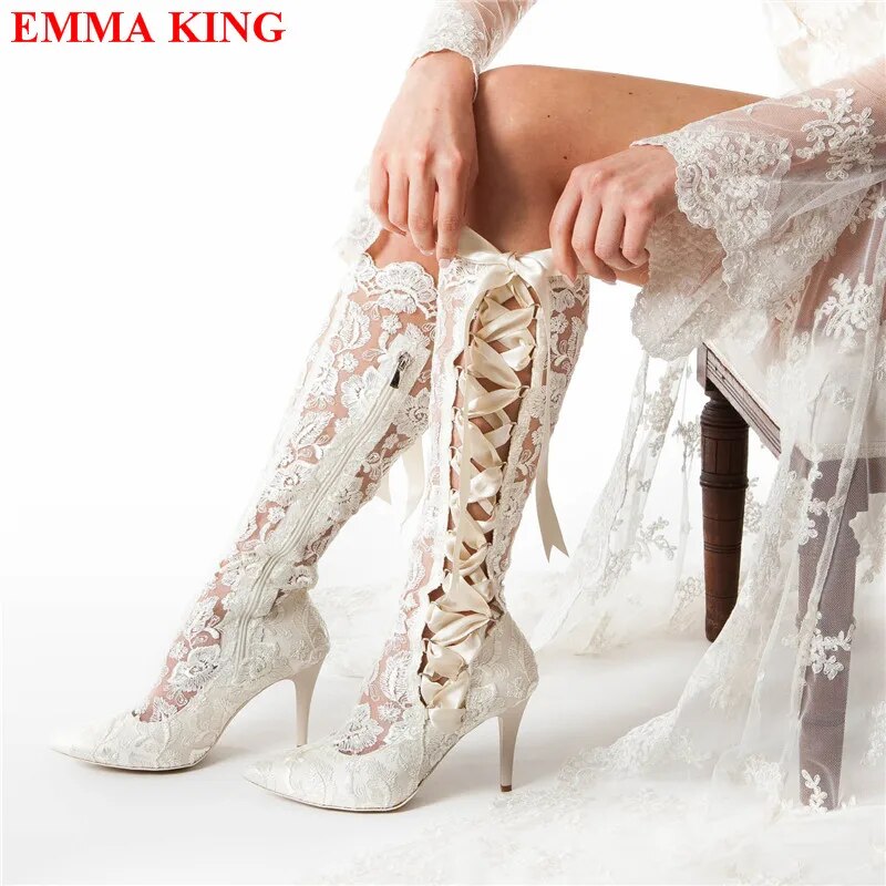 VCSHOES White Black Lace Over The Knee Boots Gothic Thigh High Boots High Heels Long Bridal Boots Pointed White Wedding Boots