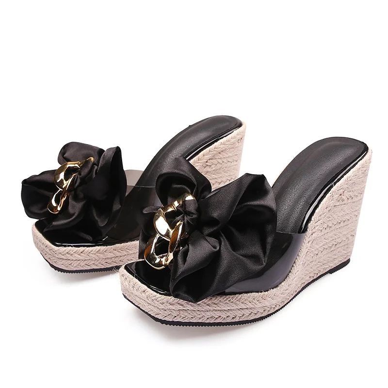 Wongn Wongn Style Summer Square Head Slope With Thick Bottom High Heel Slippers Female Bowknot Flower Glass Glue Sandals
