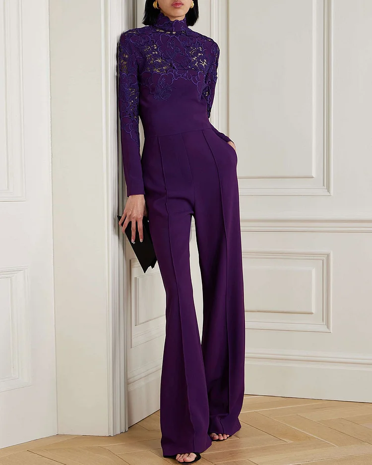 Lace-trimmed embroidered crepe jumpsuit 
