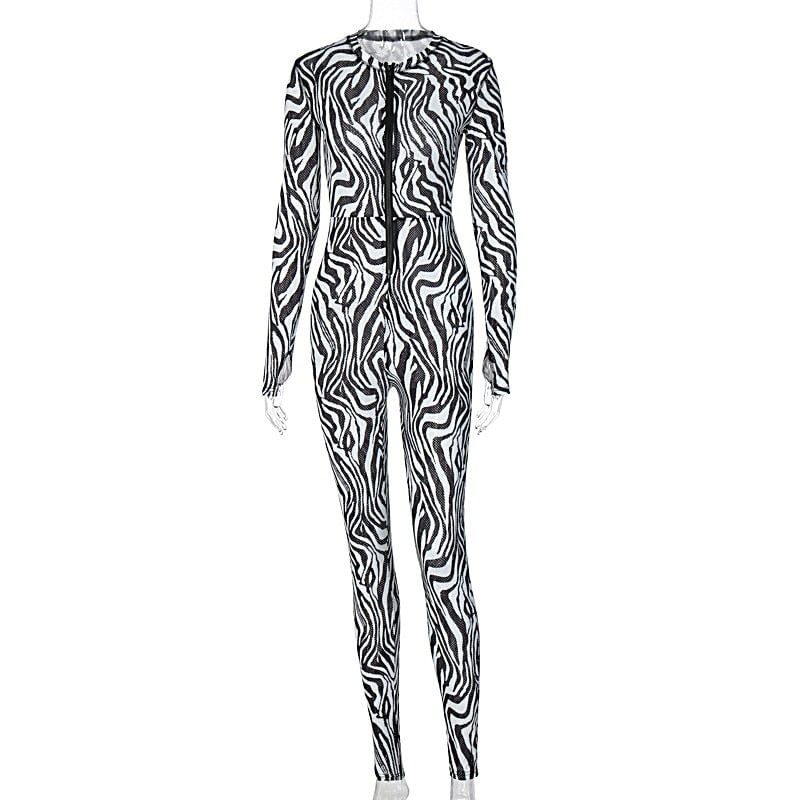 Hugcitar 2020 Zebra Print Mesh Zip Up Sexy Jumpsuit Autumn Winter Women Fashion Streetwear Outfits Stretchy Romper