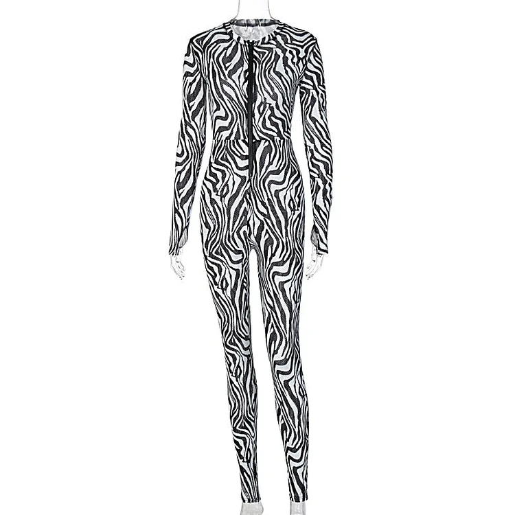 Hugcitar 2020 Zebra Print Mesh Zip Up Sexy Jumpsuit Autumn Winter Women Fashion Streetwear Outfits Stretchy Romper
