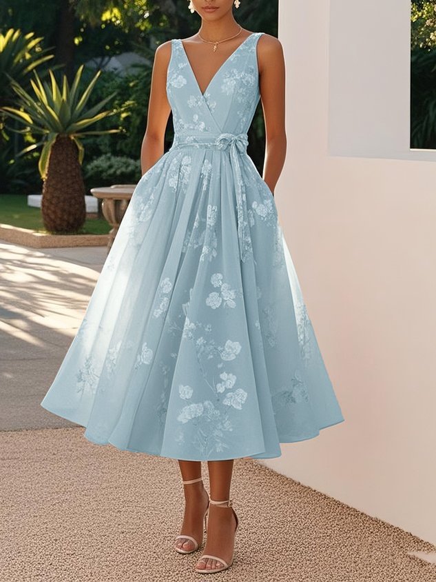 Women's Blush Floral Embroidered Midi Dress, V-Neck Tie-Waist A-Line Formal Gown