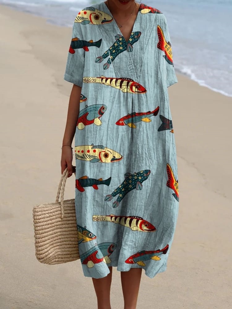 Women's Vintage Lovely Fish Art Print Flowy Dress