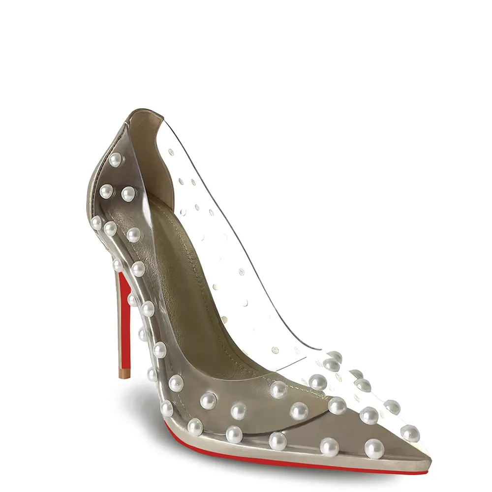 100mm Women's Pumps Pointed Toe Women High Heel Shoes Fashion Pearl Studded PVC Clear Heels Party Dress Red Bottom Shoes-vocosishoes