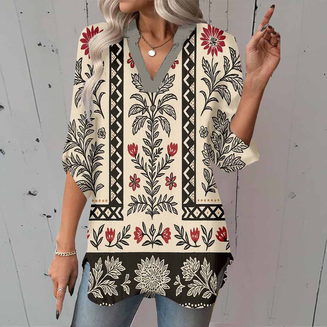 Women Tropical, Black DZGA0091 3/4 Sleeve V-neck Printed Graphic Button Tops