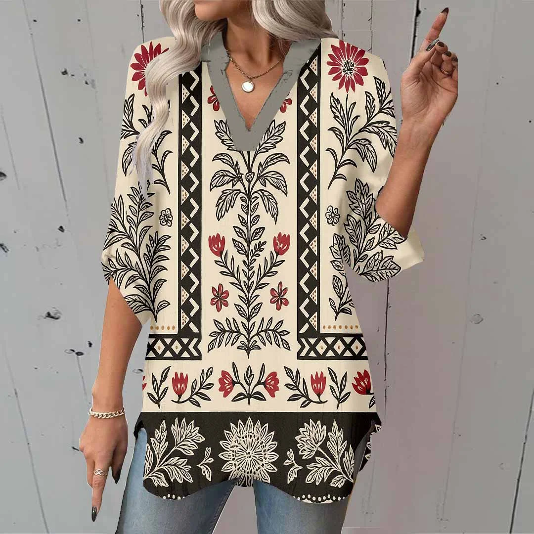 Women Tropical, Black DZGA0091 3/4 Sleeve V-neck Printed Graphic Button Tops