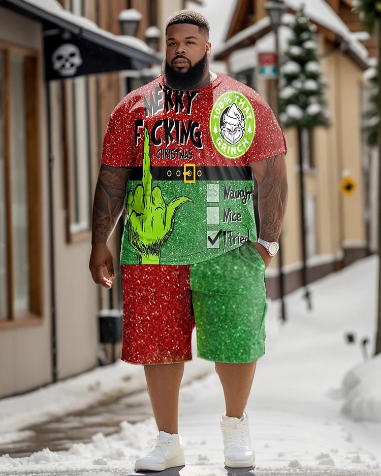 Men's Plus Size Graffiti Merry Christmas Sequin Short Sleeve Shorts Set