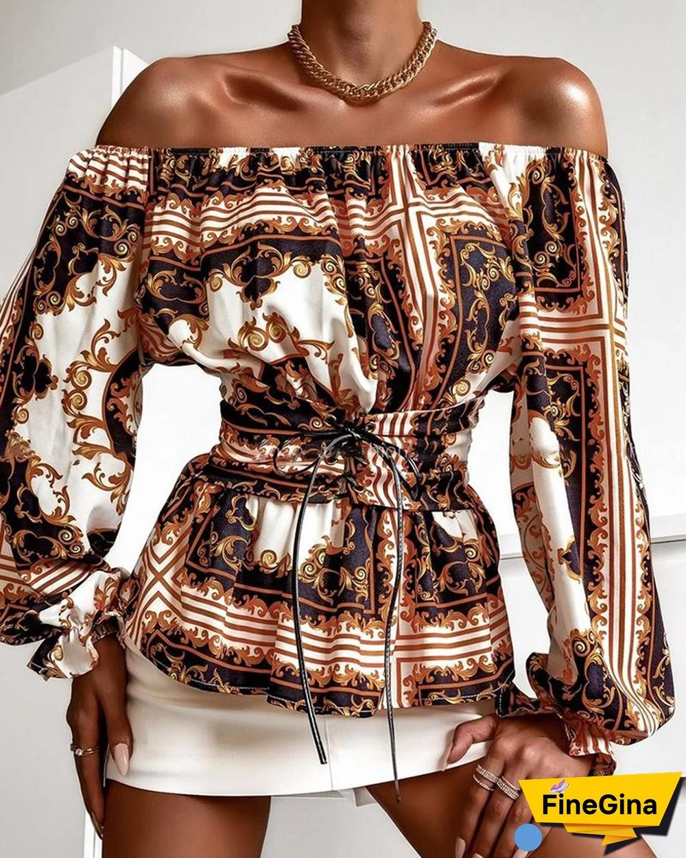 Off Shoulder Scarf Print Lantern Sleeve Corset Top