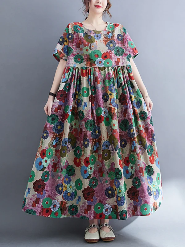 Vintage Loose Floral Printed Midi Dress with Multicolored Charm