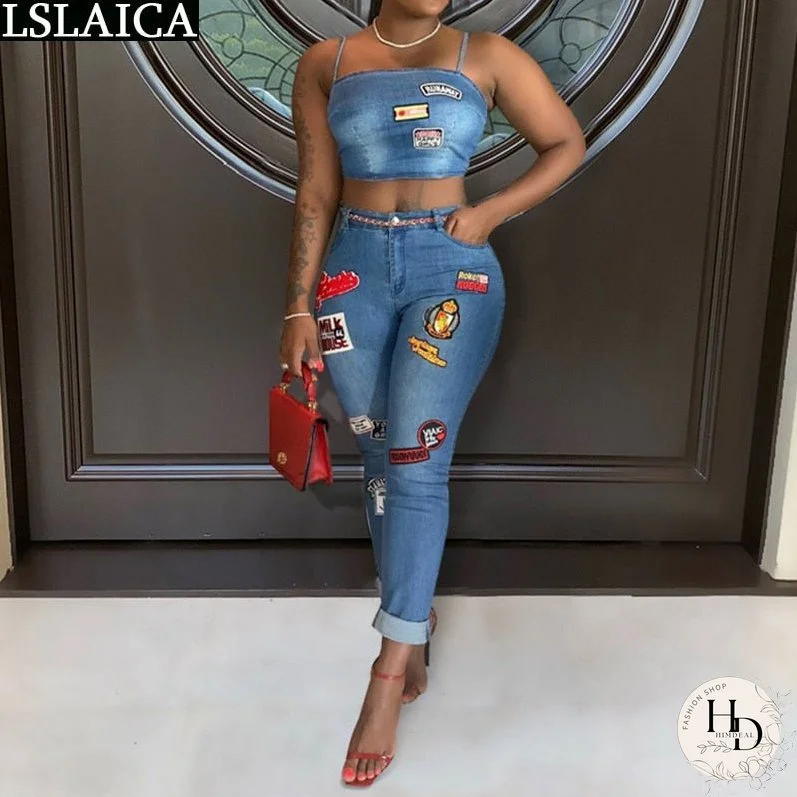 Denim Sexy Two Piece Set Women Summer Print Spaghetti Straps Crop Top Jeans High Waist Pencil Pants Casual Streetwear Suits