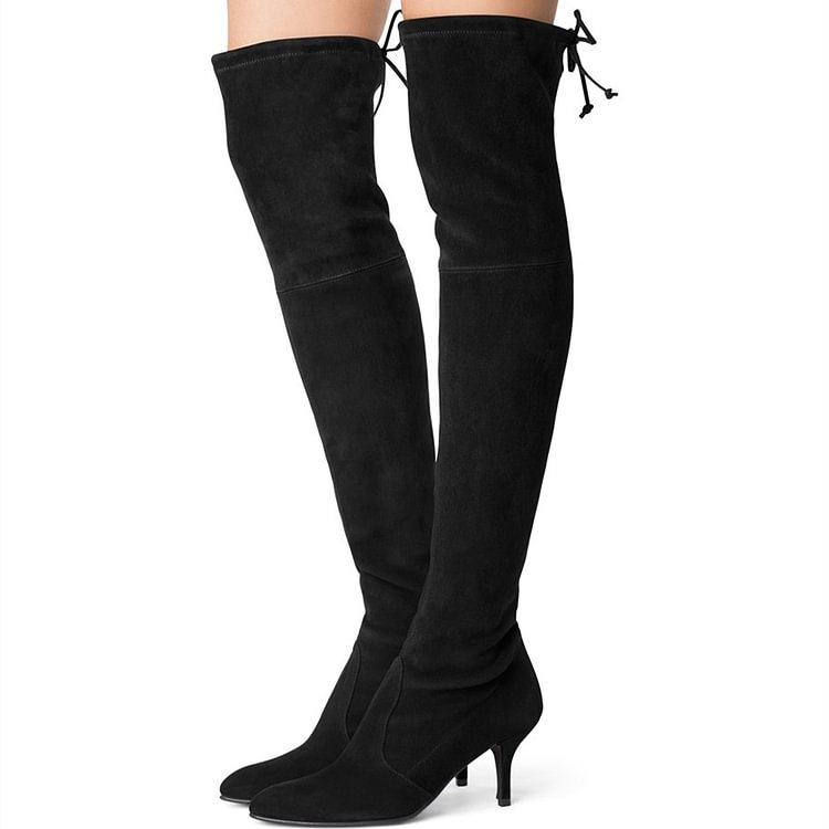 Women's Suede Mid Heel Over-the-Knee Stretch Boots in Black |FSJ Shoes