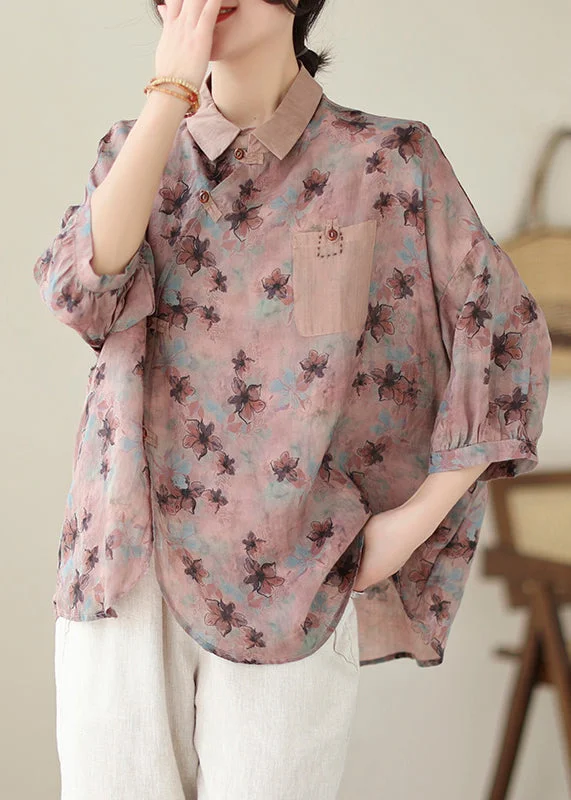 Boutique Pink Asymmetrical Print Linen Top Summer