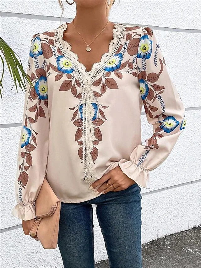 Women's Floral Beige Print Lace Long Sleeve Shirt &Blouse  socialshop