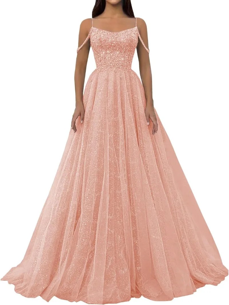 Ovlias Pink Spaghetti Strap A-line Tulle Long Prom Dress with Sequins and Beads PD0700