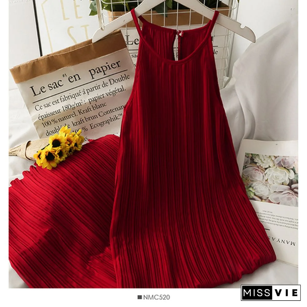 Dress Women Summer Retro Simple Chic Loose Off Shoulder Pleated Dresses Female Midi Sundress Trendy Sleeveless Vestidos Daily