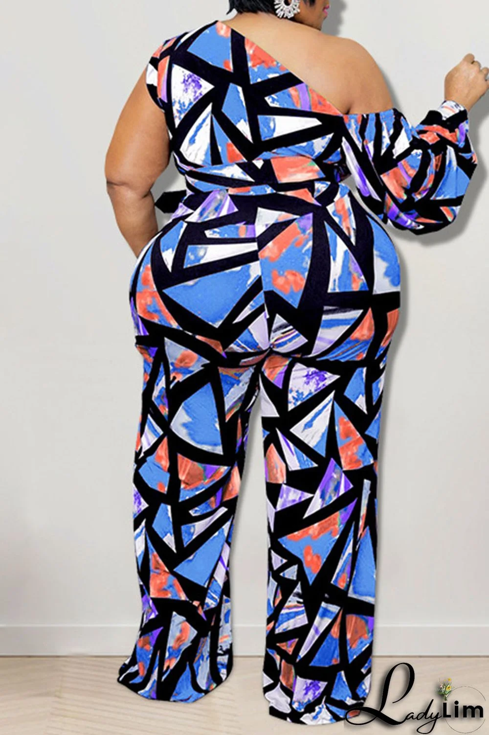 Blue Casual Print Split Joint Oblique Collar Plus Size Jumpsuits