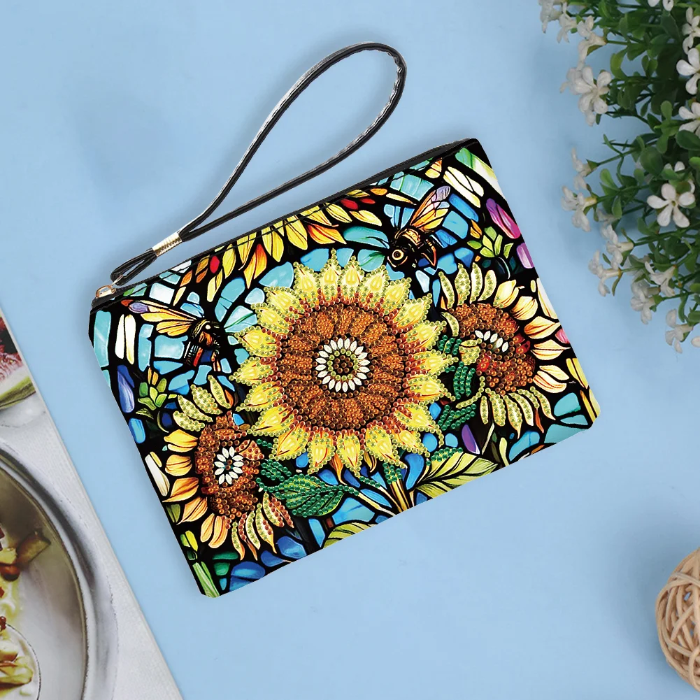 DIY Sunflower PU Partial Special Shaped Diamond Painting Wallet Makeup Bag