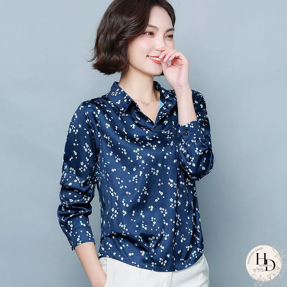 Fashionable New Long-Sleeved Retro-Print Shirt for Women-Elegant Silk Blouse for Office