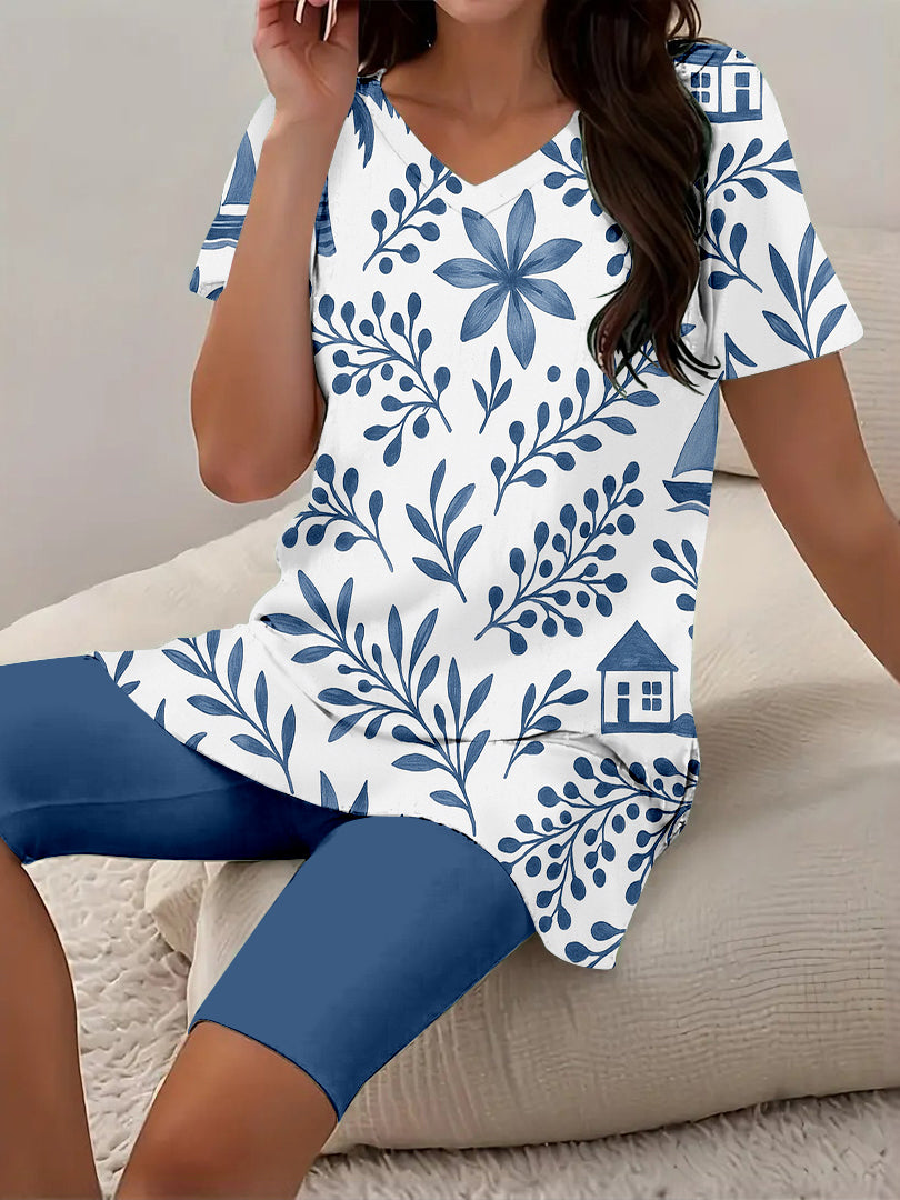Women Long Sleeve V-neck Graphic Floral Printed Top