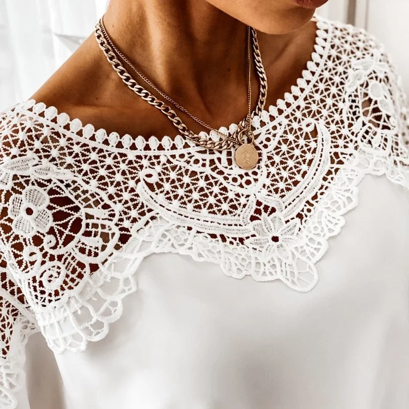 Tlbang Crochet Embroidery Lace Blouses Women Autumn Sexy Lace Stitching White Shirts Vintage Elegant Ladies Tops Blusas 12459