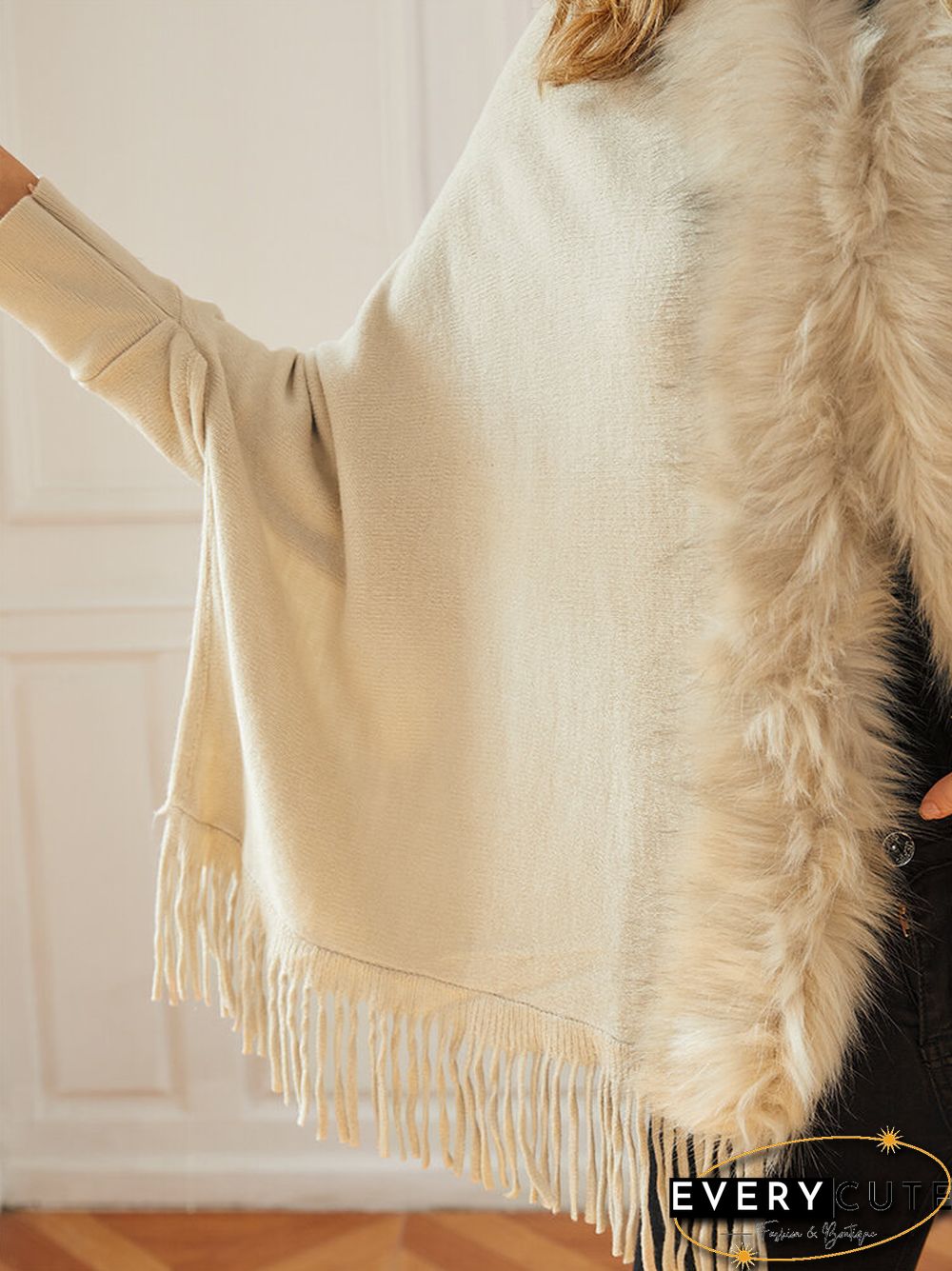 Solid Fringe Hem Dolman Sleeve Open Front Cape Cardigan