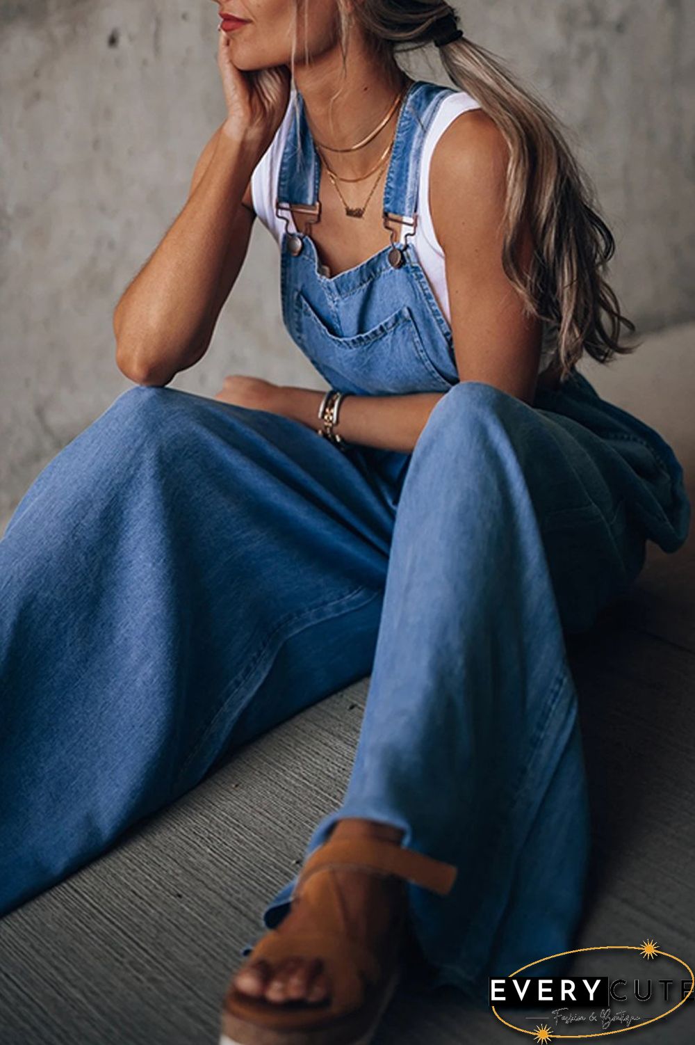 Denim Wide Leg Suspenders Jumpsuit
