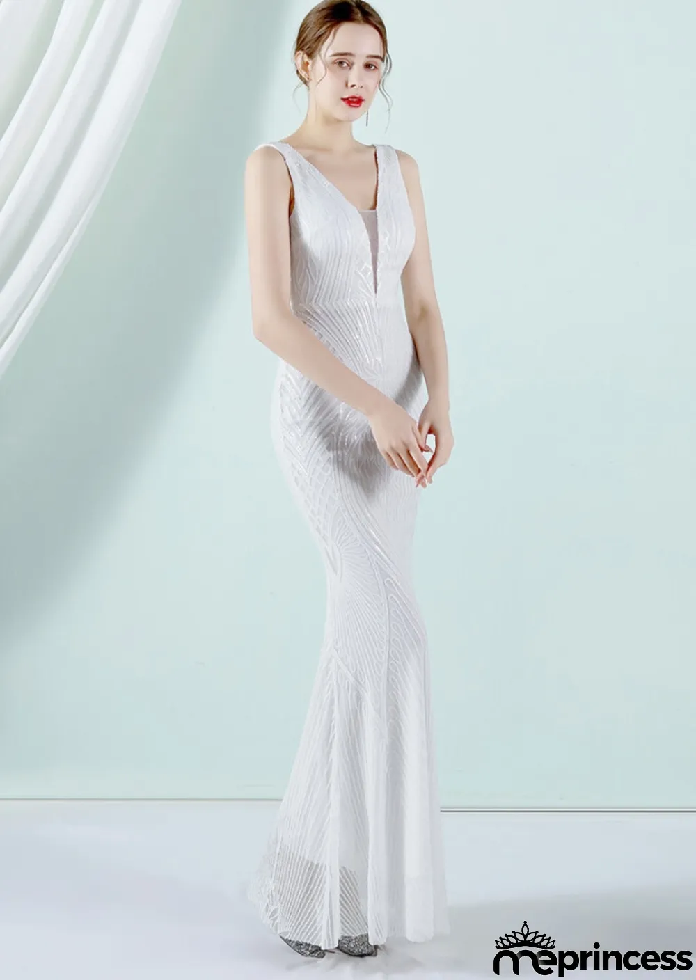 Women Summer White Formal V-neck Sleeveless Patchwork Sequined Mermaid Evening Dress