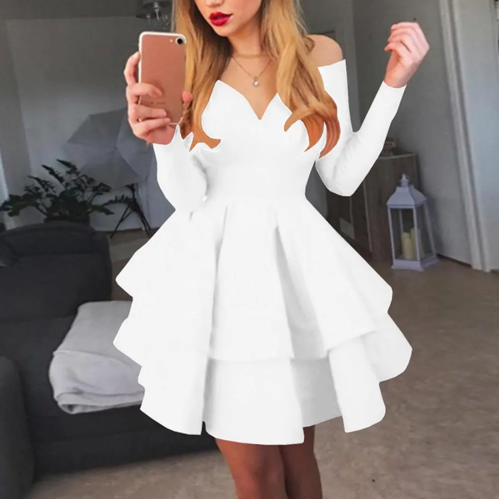 Elegant Women Long Sleeve V Neck Off Shoulder Large Swing Ruffled Hem Mini Dress Leaves Print Off Shoulder Flared Sleeve