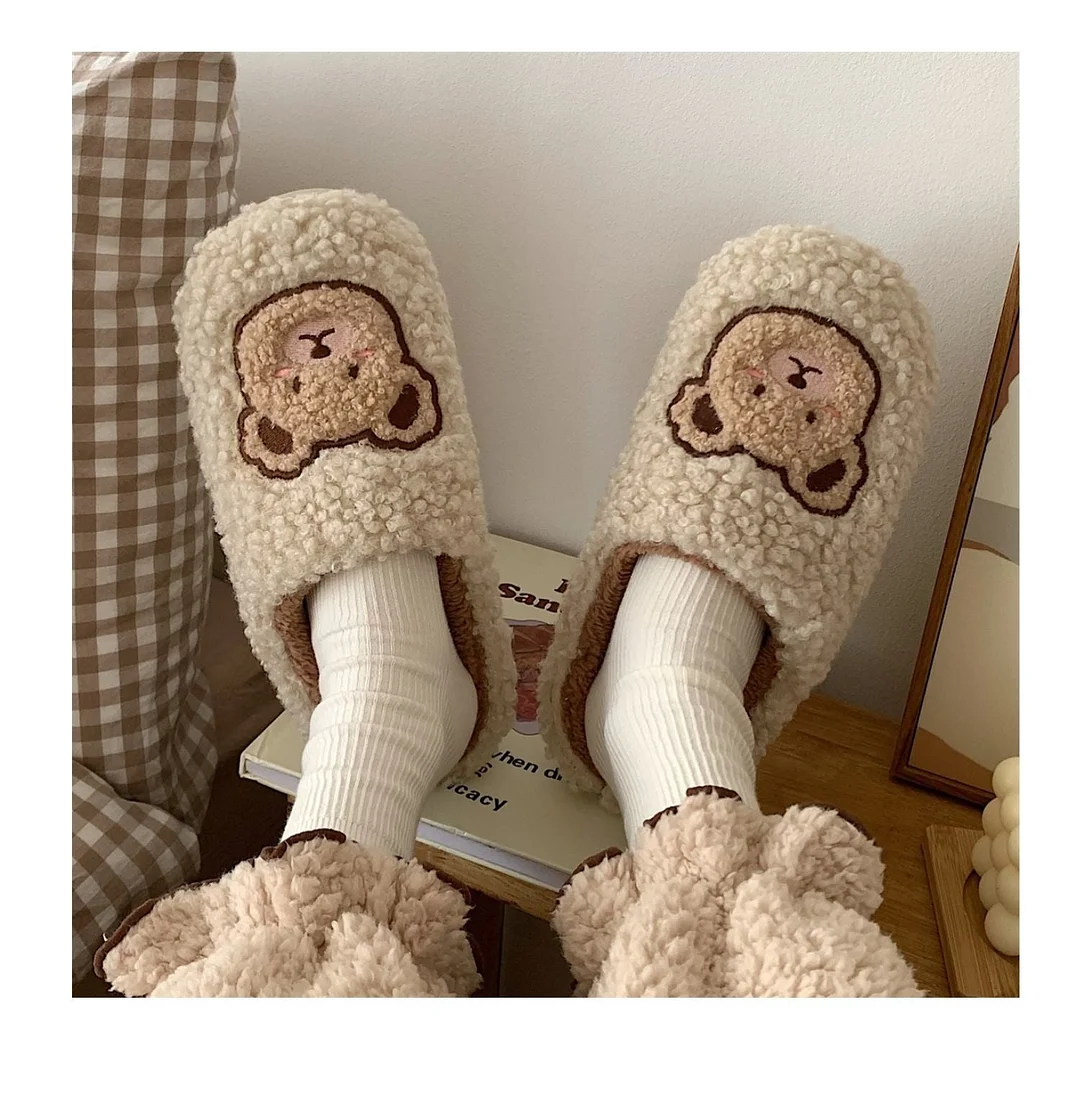 2022 Winter Women Slipper Lovely Bear Cartoon Plush Cotton Home Slippers Female Indoor Household Anti-Skid Thick Bottom Slipper