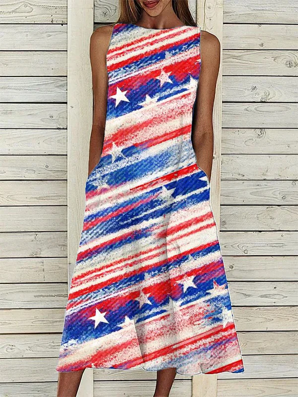 Women's Independence Day Themed American Flag Red White and Blue Element Print Pocket Dress