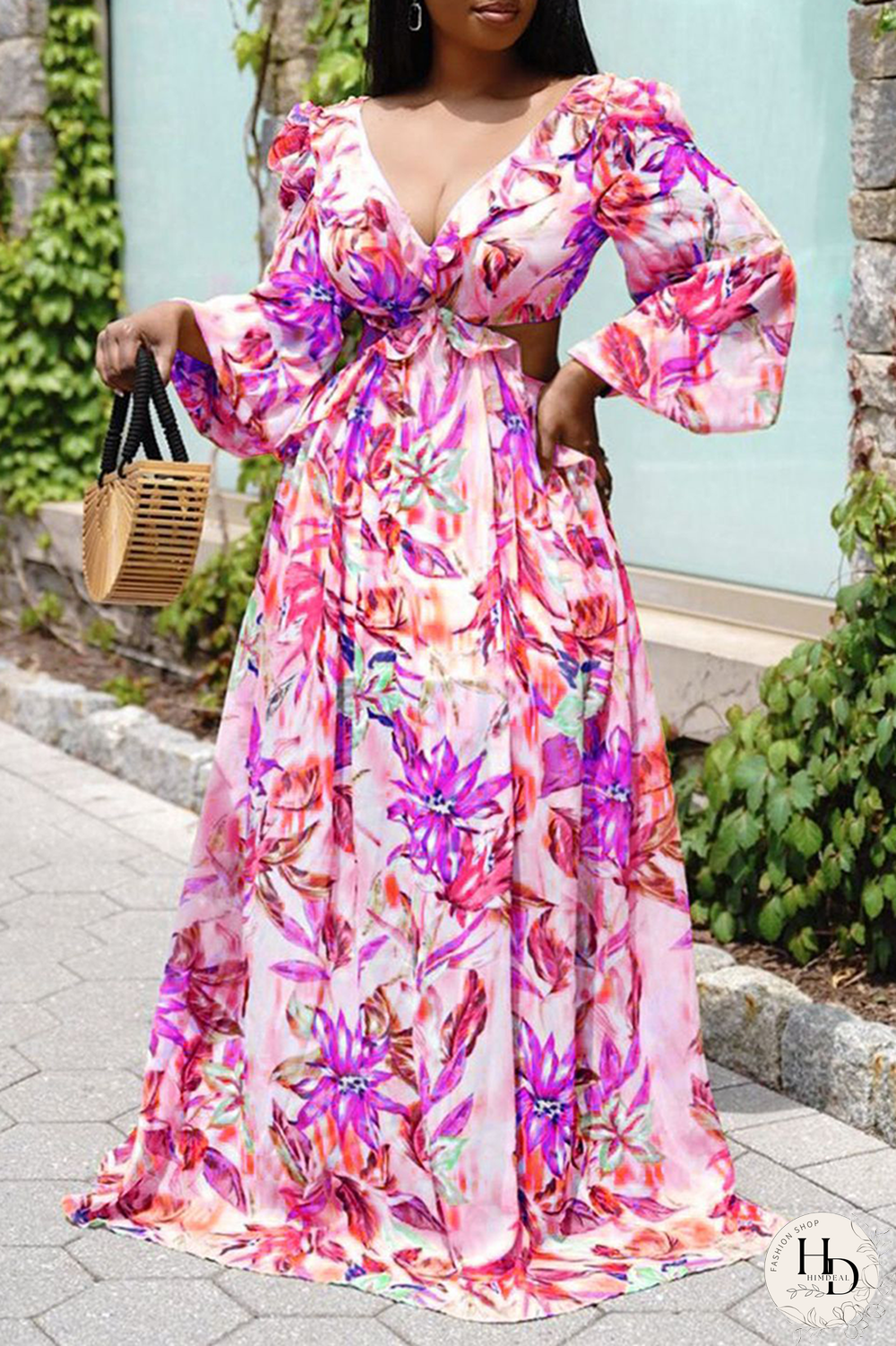 Green Casual Print Patchwork V Neck Cake Skirt Dresses